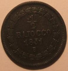 STATO PONTIFICIO mezzo BAIOCCO 1851 BOLOGNA AN. V PIO IX Rovescio