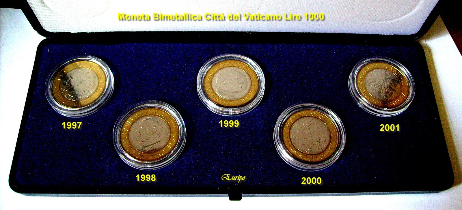 Collezione completa delle 5 monete bimetalliche da 1000 lire emesse dalla Città del Vaticano