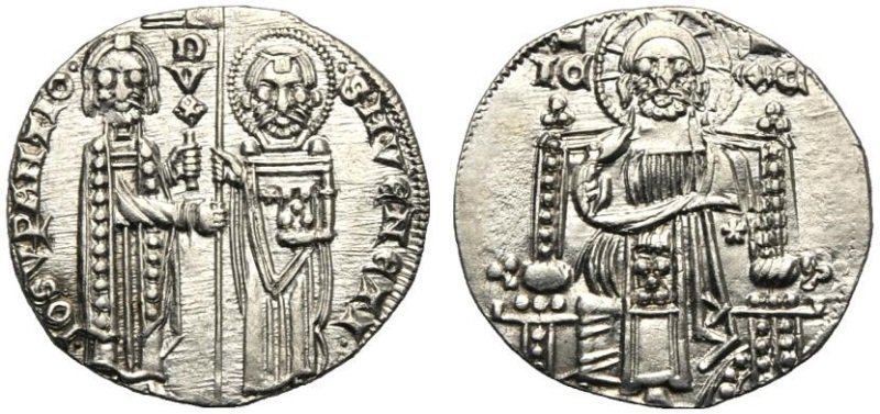 Venezia, doge Giovanni Soranzo (1312-1328), Grosso, 1312-1328; AR (g 2,00;  mm 19; h 6); IO SVRANTIO, San Marco stante di fronte, porge il vessillo al  doge frontale; sopra, DVX. Contorno perlinato, Rv.