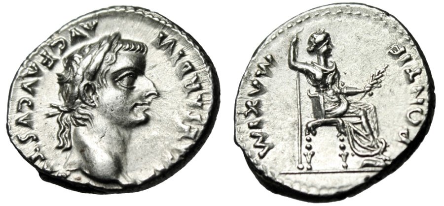 Ancient Coins - Tiberius "Tribute Penny" Silver Denarius "Seated Livia" RIC 30 About FDC Lustrous