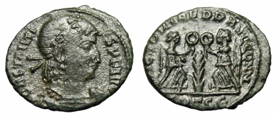 Ancient Coins - Constantius II  "VICTORIAE DD AVGGG NN Two Victories, Palm" Thessalonica RIC 102