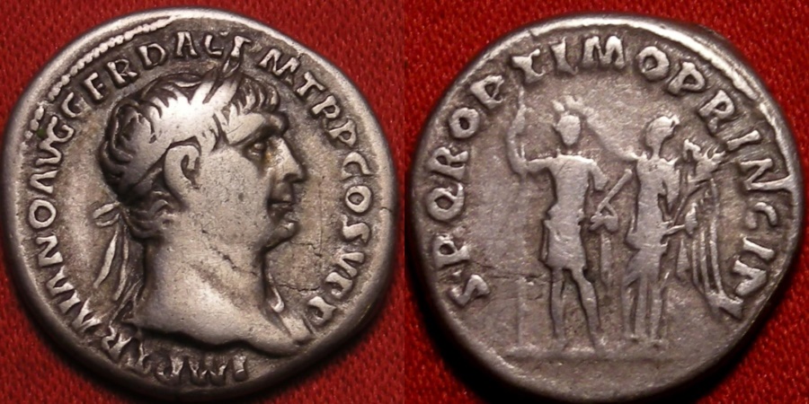 Ancient Coins - TRAJAN AR silver denarius. SPQR OPTIMO PRINCIPI, Trajan crowned by Victoria.