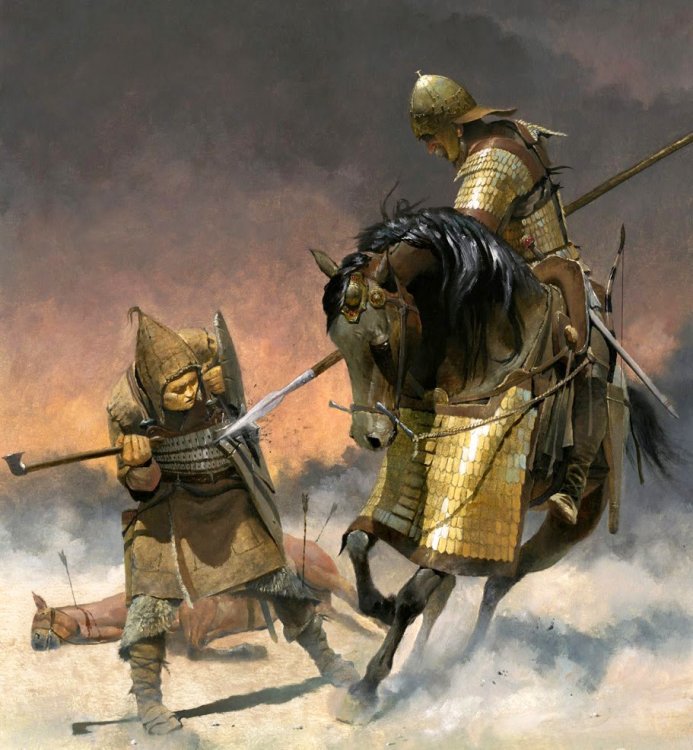 Un cavaliere romano affronta un guerriero unno disarcionato..jpg
