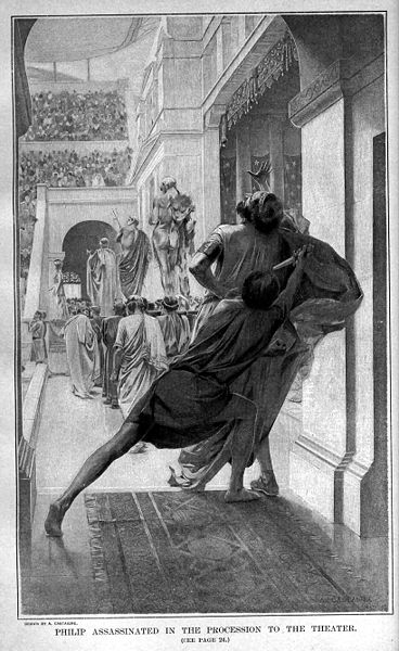 368px-Pausanius_assassinates_Philip_during_the_procession_into_the_theatre_by_Andre_Castaigne_(1898-1899).jpg