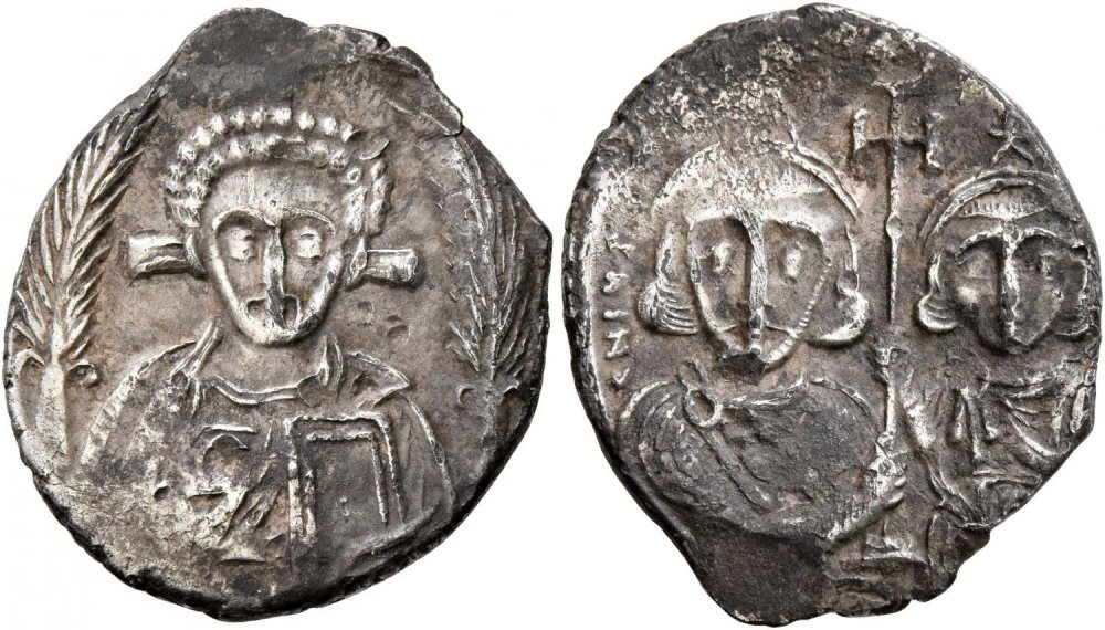 miliarense Justinian II, with Tiberius, second reign, 705-711 , 21 mm, 3.16 g, 6 h Leu Numismatik    Auction 3   27 October 2018 lot 319.jpg