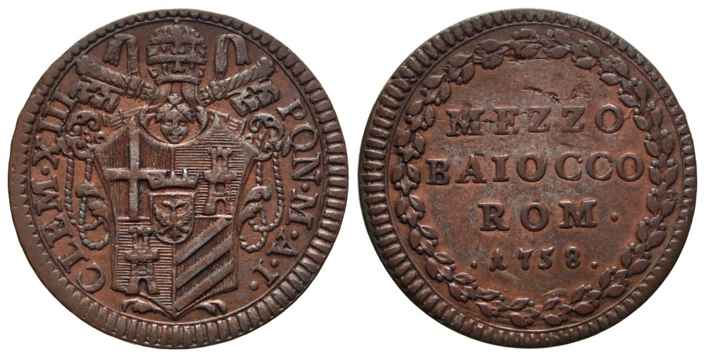 Mezzo baiocco Clemente XIII A.I 1758 Roma.jpg