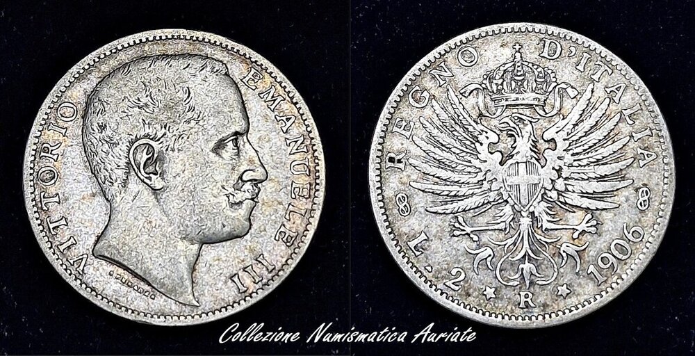 1 - Regno d'Italia - Vittorio Emanuele III - 2 Lire Aquila Sabauda. - Anno 1906 - zecca di Roma - Argento - Tiratura 969.000 - Benevagienna (CN) - PA 50 - PV 70.jpg
