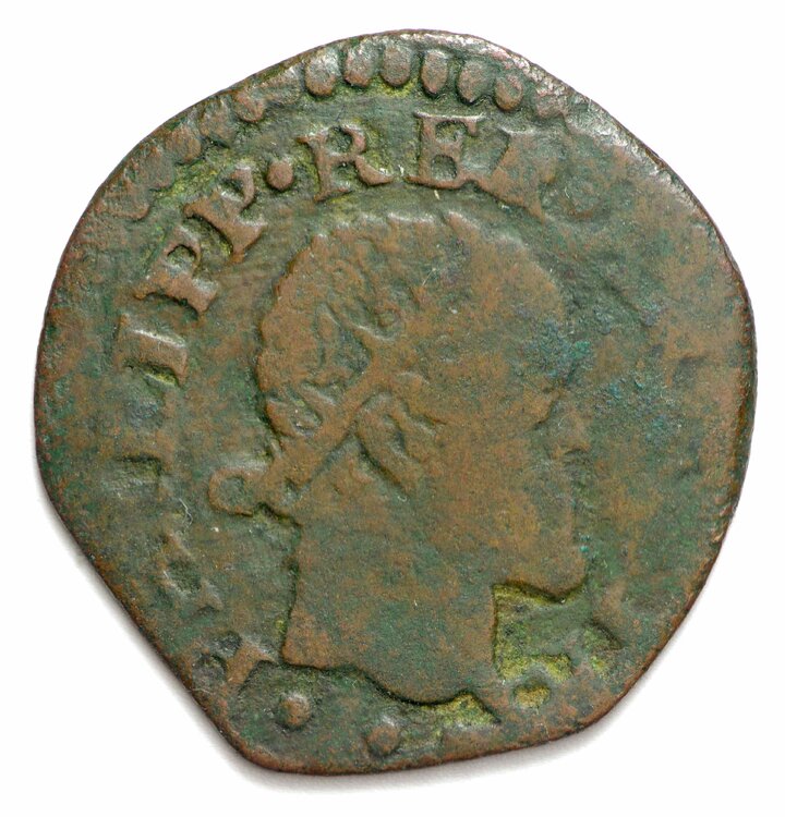 B42ddw Napoli Filippo II 2 cavalli con particolari punti sia al D. che al R. 1,75 gr Ø max 20,5 mm (pubblicata su lamoneta).JPG